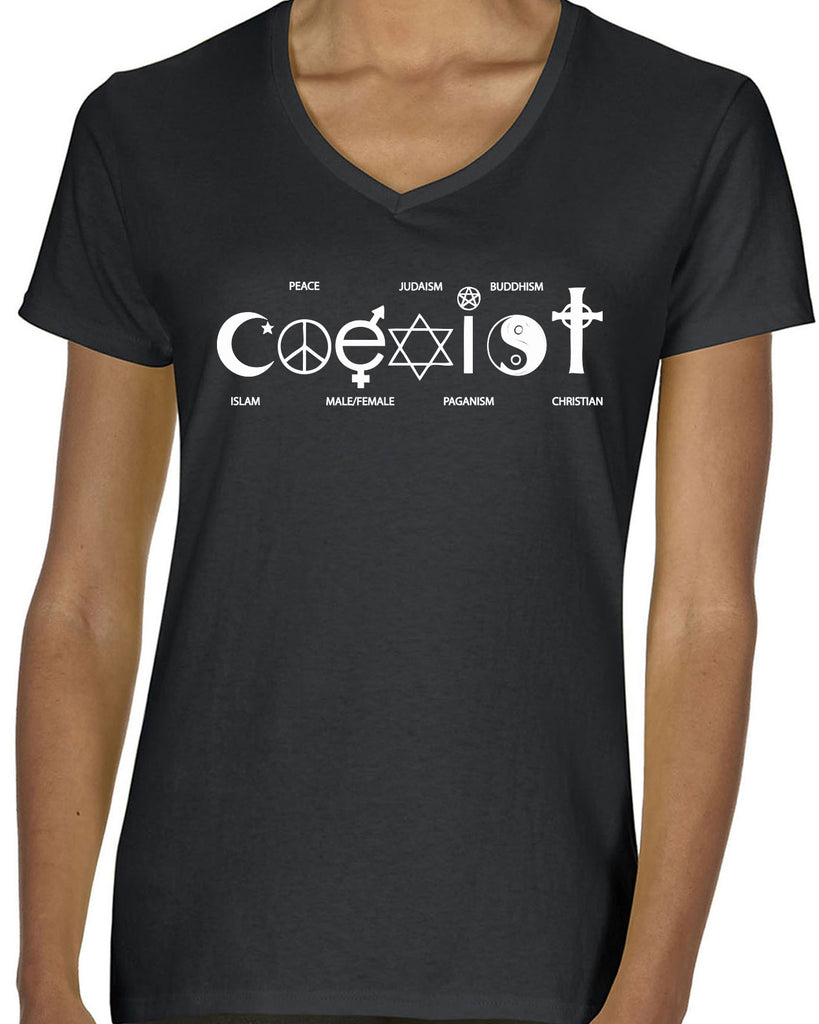 Hot Press Apparel Coexist Womens V-neck T-shirt world peace religious freedom love trumps hate apparel shirt garment soft blend cotton vneck v neck