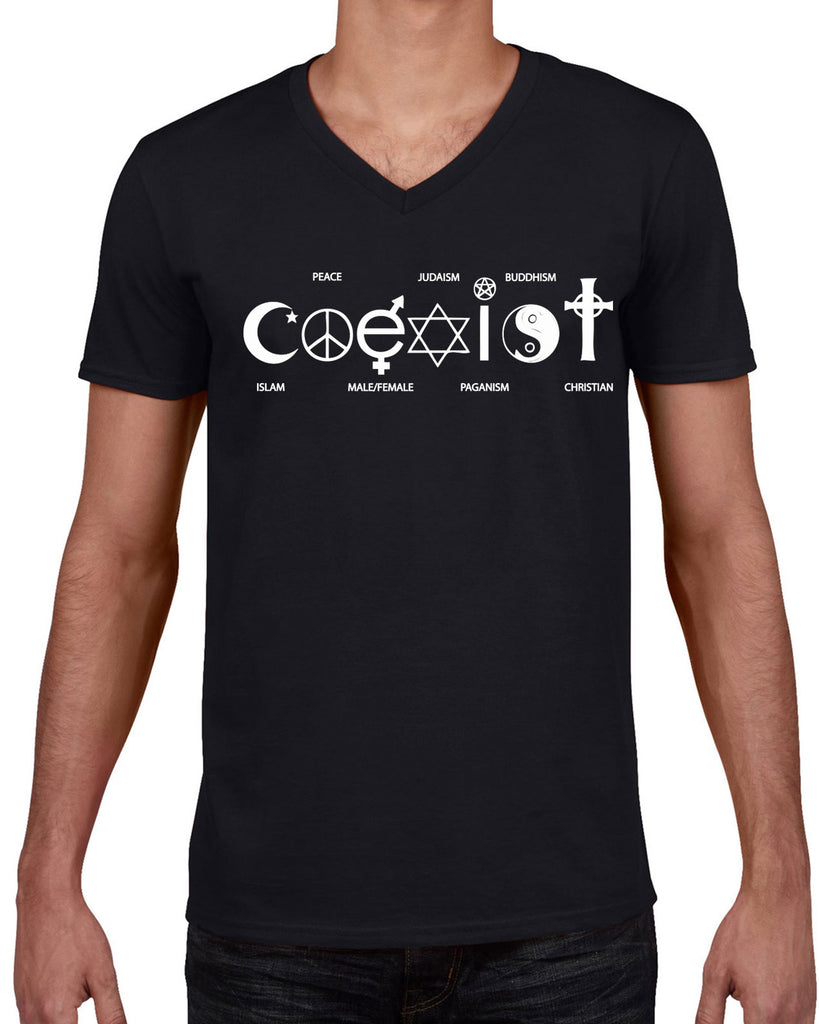 Hot Press Apparel Coexist Mens V-neck T-shirt world peace religious freedom love trumps hate apparel shirt garment soft blend cotton neck v neck