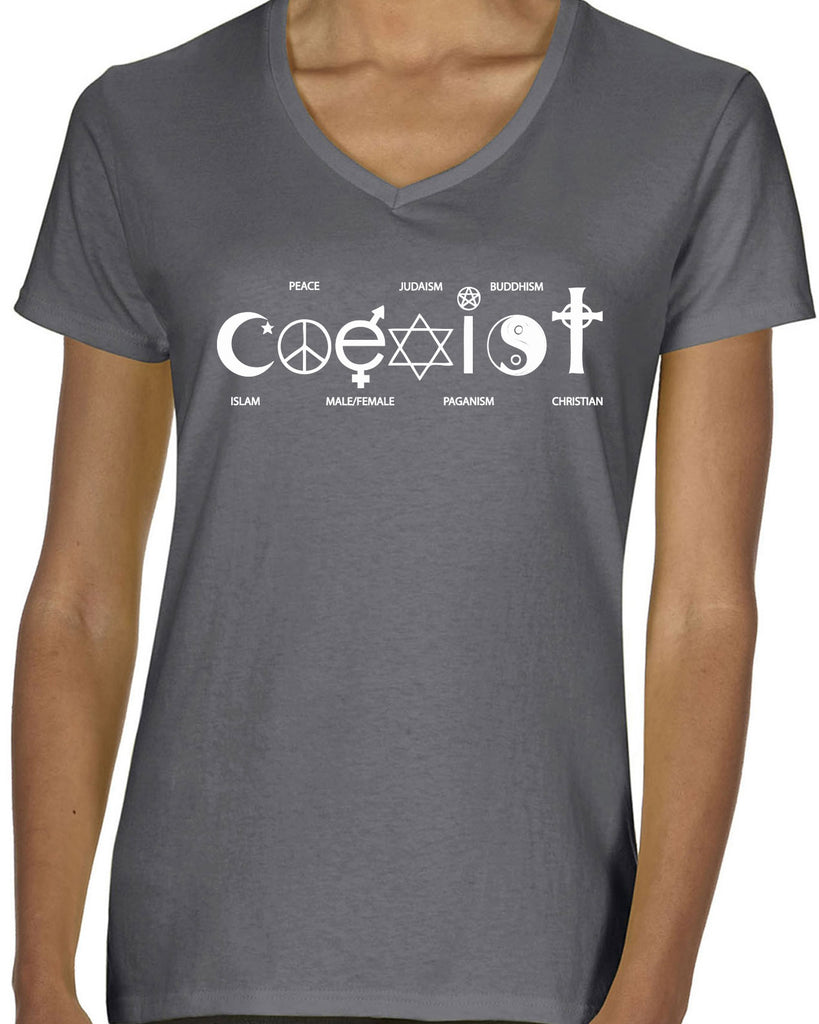 Hot Press Apparel Coexist Womens V-neck T-shirt world peace religious freedom love trumps hate apparel shirt garment soft blend cotton vneck v neck