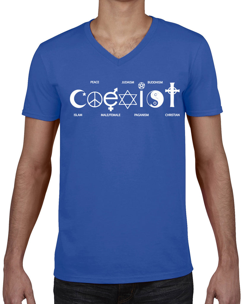 Hot Press Apparel Coexist Mens V-neck T-shirt world peace religious freedom love trumps hate apparel shirt garment soft blend cotton neck v neck