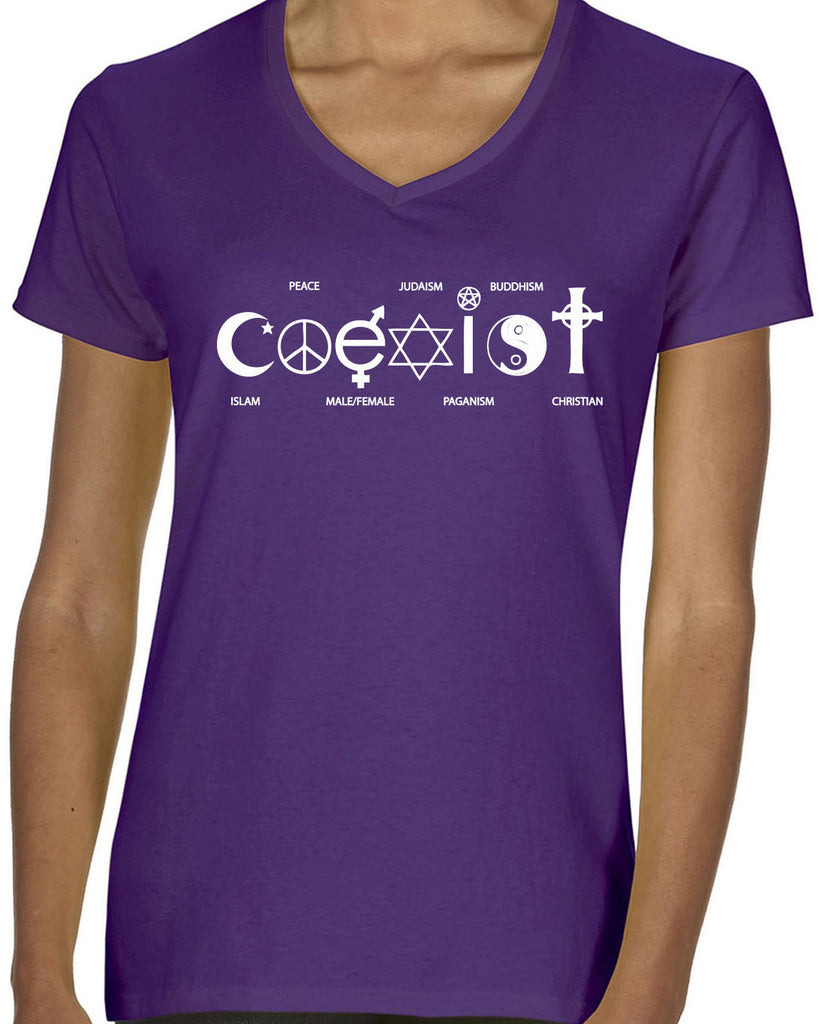 Hot Press Apparel Coexist Womens V-neck T-shirt world peace religious freedom love trumps hate apparel shirt garment soft blend cotton vneck v neck