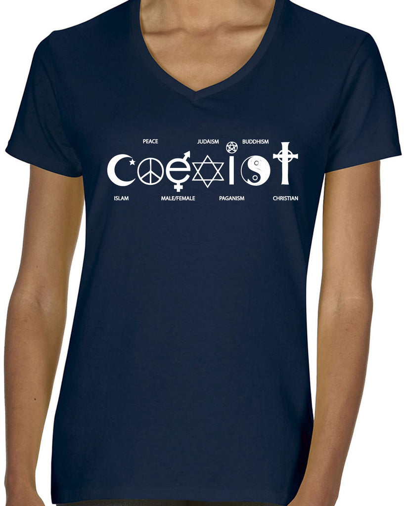 Hot Press Apparel Coexist Womens V-neck T-shirt world peace religious freedom love trumps hate apparel shirt garment soft blend cotton vneck v neck