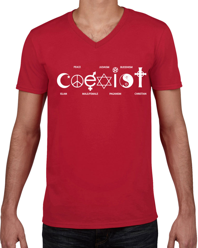 Hot Press Apparel Coexist Mens V-neck T-shirt world peace religious freedom love trumps hate apparel shirt garment soft blend cotton neck v neck