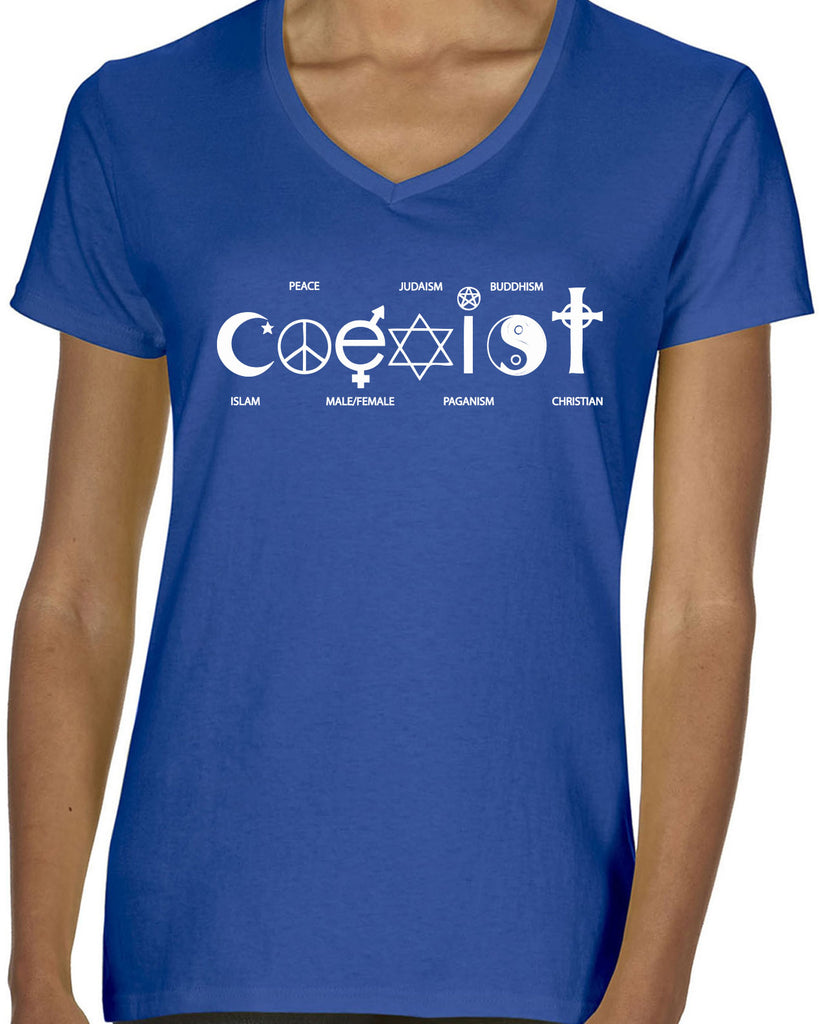 Hot Press Apparel Coexist Womens V-neck T-shirt world peace religious freedom love trumps hate apparel shirt garment soft blend cotton vneck v neck