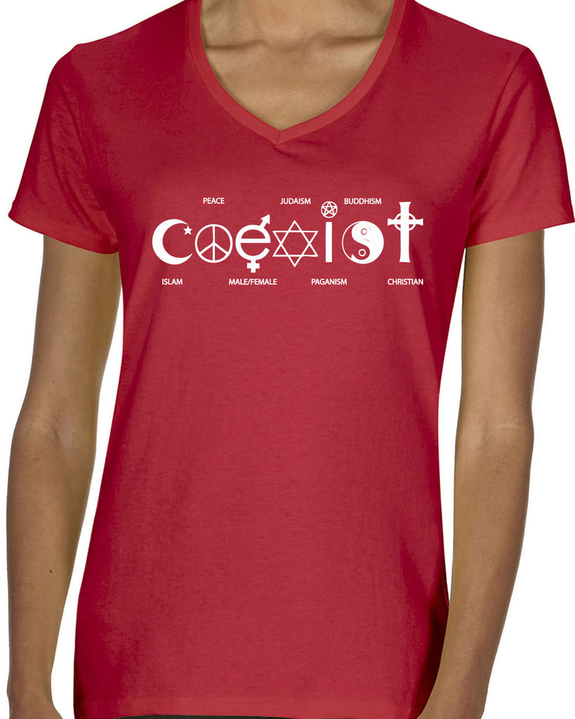 Hot Press Apparel Coexist Womens V-neck T-shirt world peace religious freedom love trumps hate apparel shirt garment soft blend cotton vneck v neck