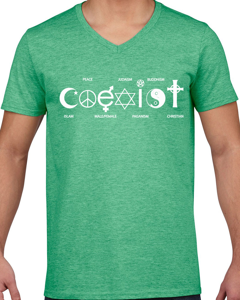 Hot Press Apparel Coexist Mens V-neck T-shirt world peace religious freedom love trumps hate apparel shirt garment soft blend cotton neck v neck