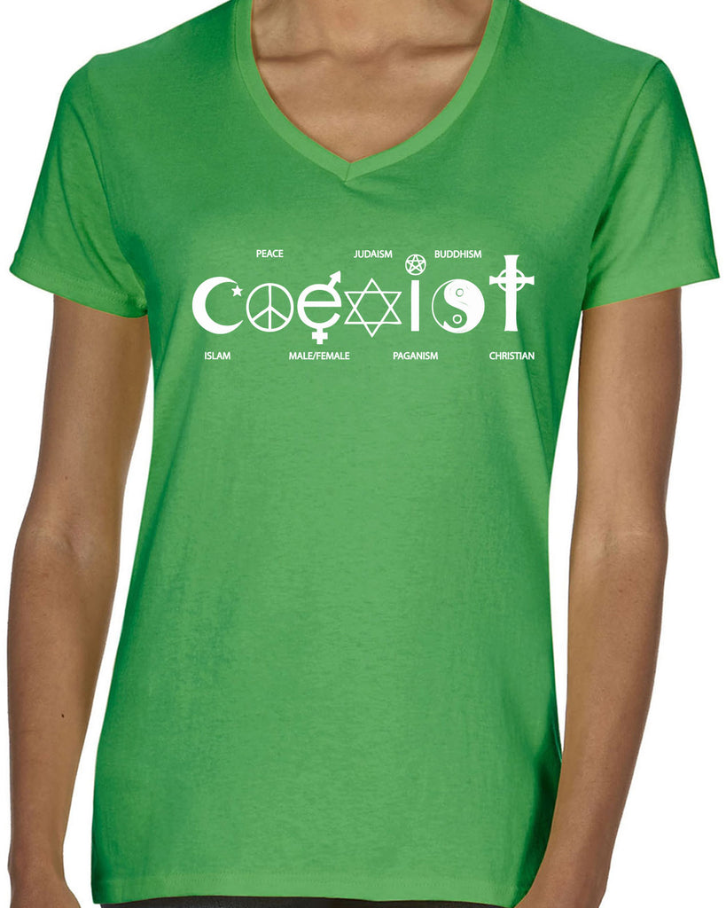 Hot Press Apparel Coexist Womens V-neck T-shirt world peace religious freedom love trumps hate apparel shirt garment soft blend cotton vneck v neck