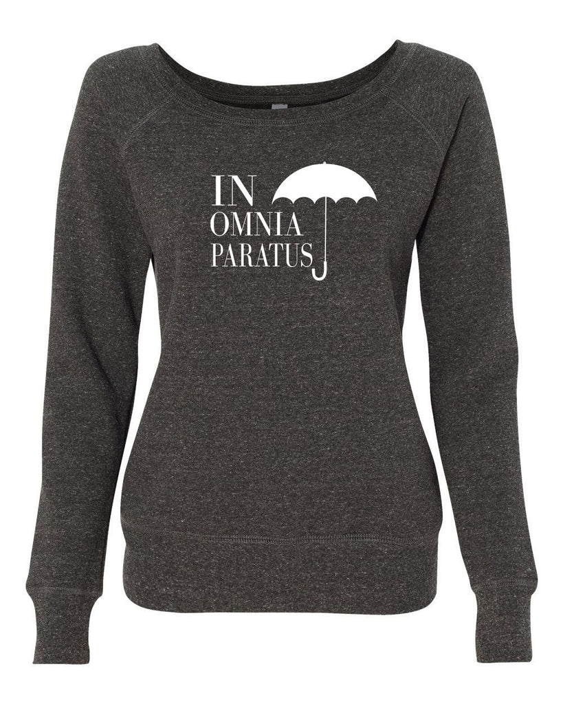 In Omnia Paratus Womens Off the Shoulder Crew Sweatshirt funny tv show gilmore girls lori rory lukes diner umbrella vintage retro