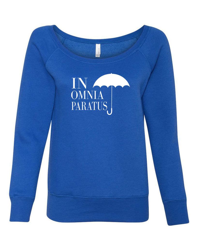 In Omnia Paratus Womens Off the Shoulder Crew Sweatshirt funny tv show gilmore girls lori rory lukes diner umbrella vintage retro