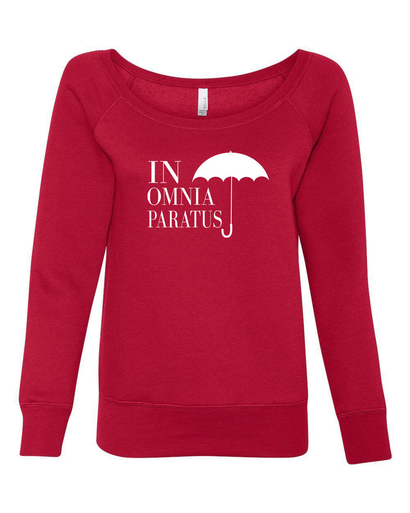 In Omnia Paratus Womens Off the Shoulder Crew Sweatshirt funny tv show gilmore girls lori rory lukes diner umbrella vintage retro
