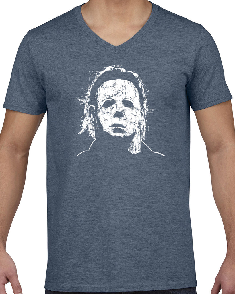 Halloween Mask Mens V-neck T-shirt face costume slasher horror scary 70s 80s costume party michael meyers