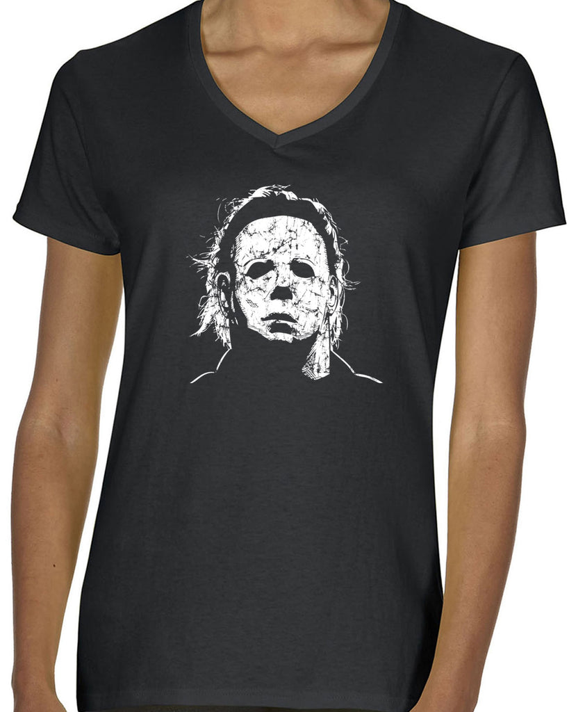 Halloween Mask Womens V-neck T-shirt face costume slasher horror scary 70s 80s costume party michael meyers