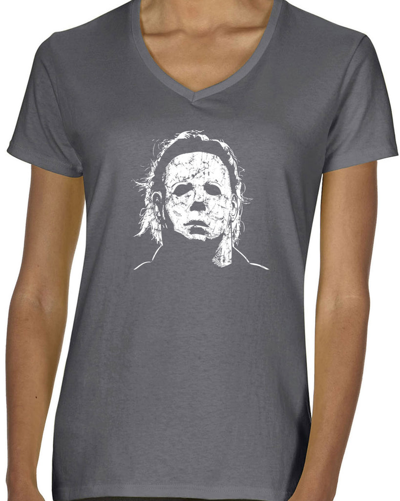 Halloween Mask Womens V-neck T-shirt face costume slasher horror scary 70s 80s costume party michael meyers