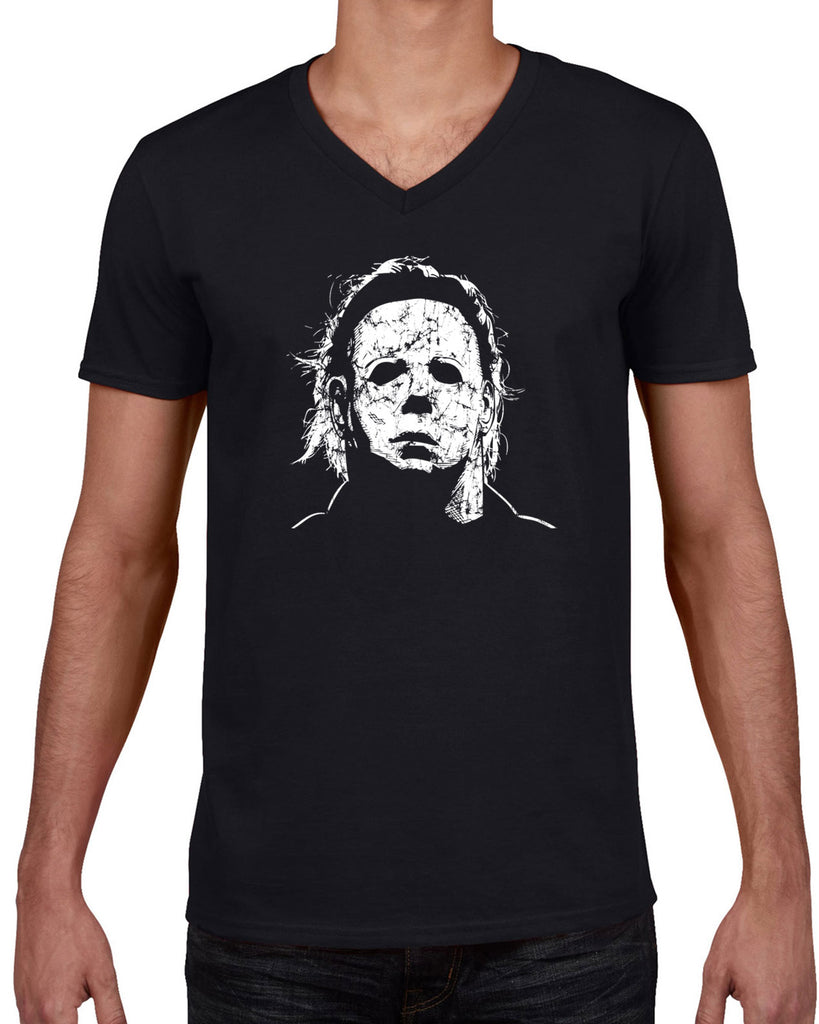 Halloween Mask Mens V-neck T-shirt face costume slasher horror scary 70s 80s costume party michael meyers