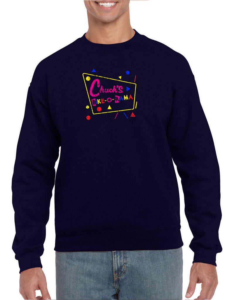 Chucks Bike O Rama Crew Sweatshirt pee wee's big adventure 80s movie party funny biker biking costume
