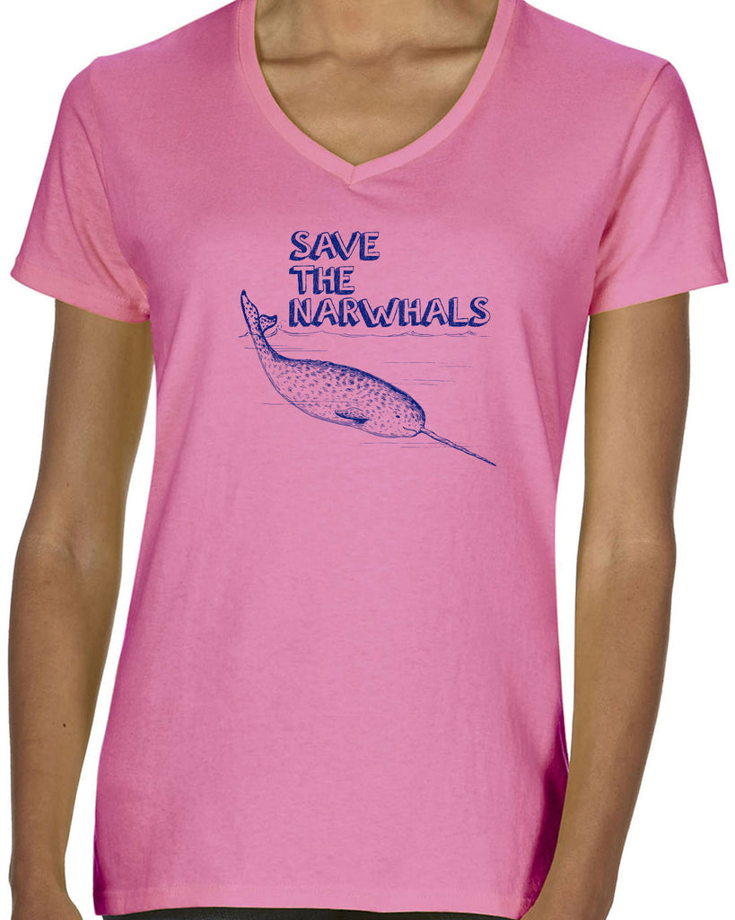 Women's Short Sleeve V-Neck T-Shirt - Save the Narwhals