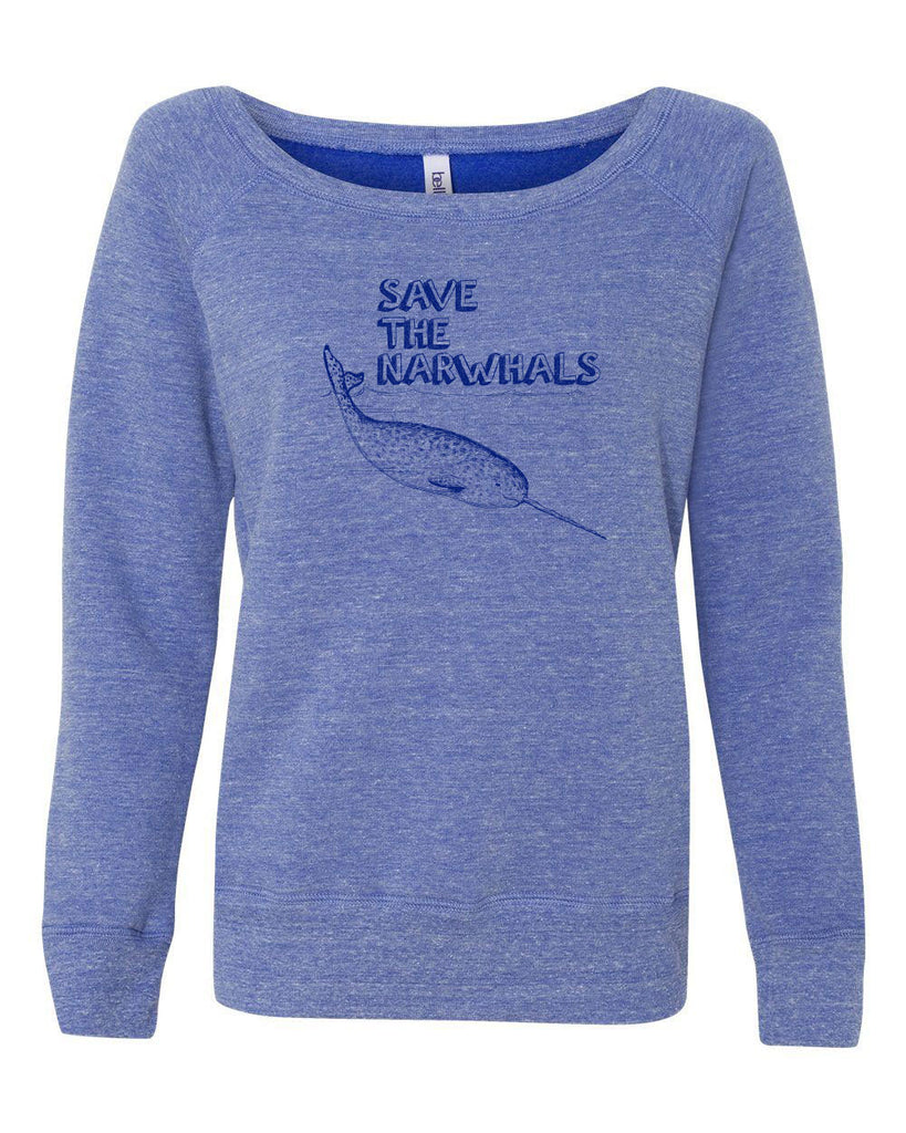 Save the Narwhals Womens Off the Shoulder Crew Sweatshirt funny whale conservation preservation endangered species ocean animal mammal whale