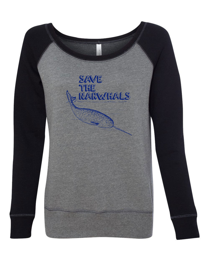 Save the Narwhals Womens Off the Shoulder Crew Sweatshirt funny whale conservation preservation endangered species ocean animal mammal whale