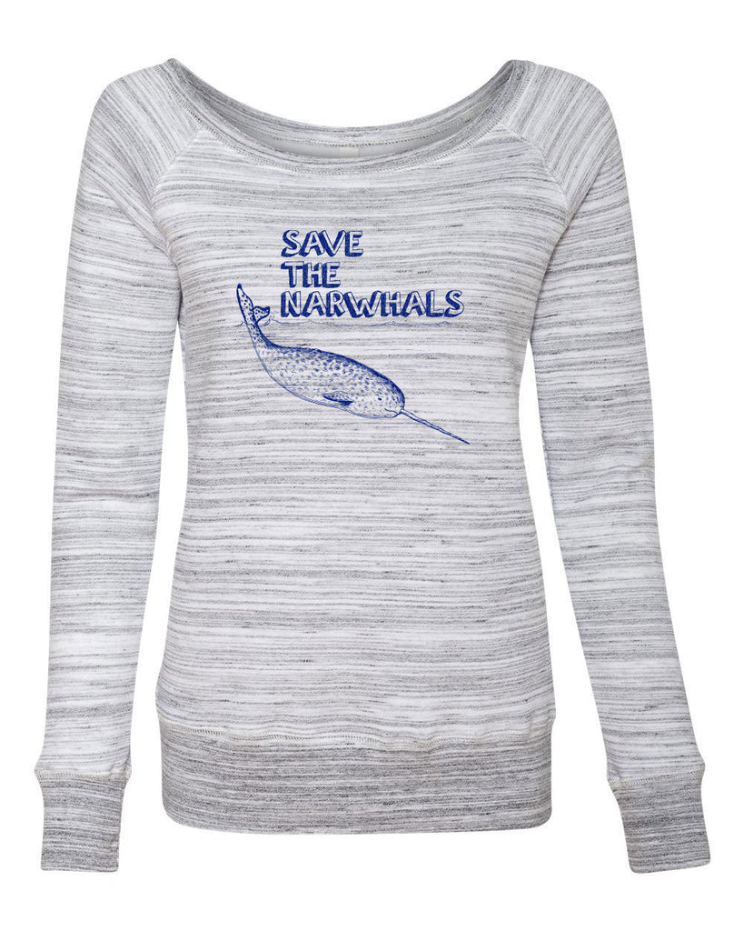 Save the Narwhals Womens Off the Shoulder Crew Sweatshirt funny whale conservation preservation endangered species ocean animal mammal whale
