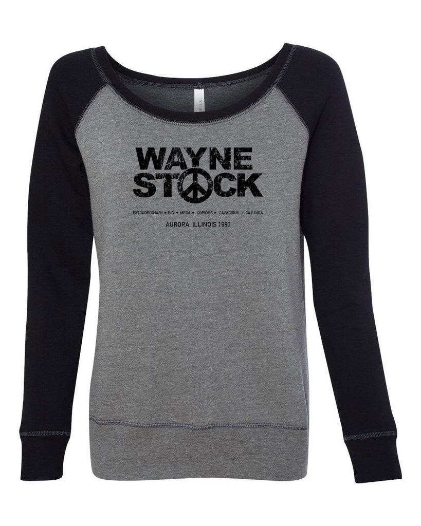 Waynestock Womens Off The Shoulder Crew Sweatshirt 90s 80s movie waynes world funny comedy halloween costume music festival vintage retro