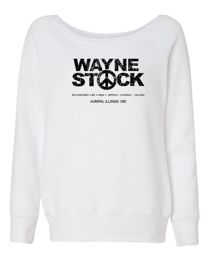 Waynestock Womens Off The Shoulder Crew Sweatshirt 90s 80s movie waynes world funny comedy halloween costume music festival vintage retro