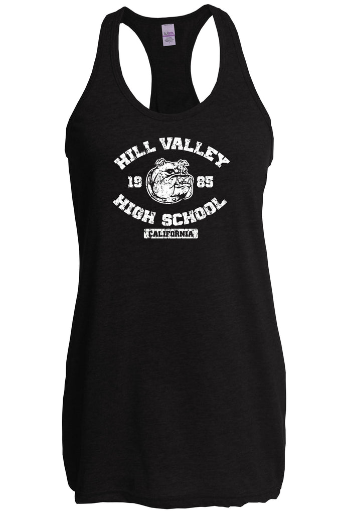 Hill Valley High School Womens Racer Back Tank Top racerback Funny 80s Movie Back To The Future Marty Mcfly Halloween Costume Vintage Retro