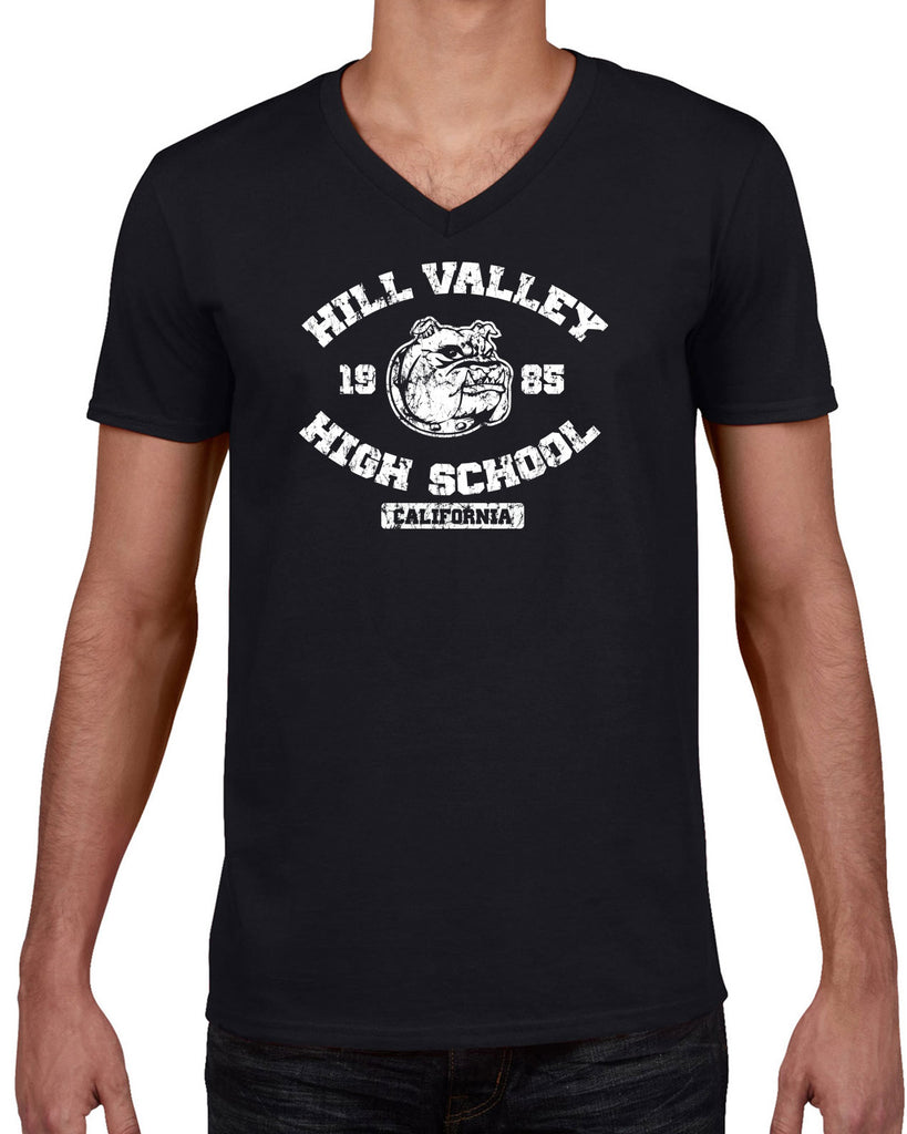 Hill Valley High School Mens V-neck T-Shirt Funny 80s Movie Back To The Future Marty Mcfly Halloween Costume Vintage Retro Edit alt text