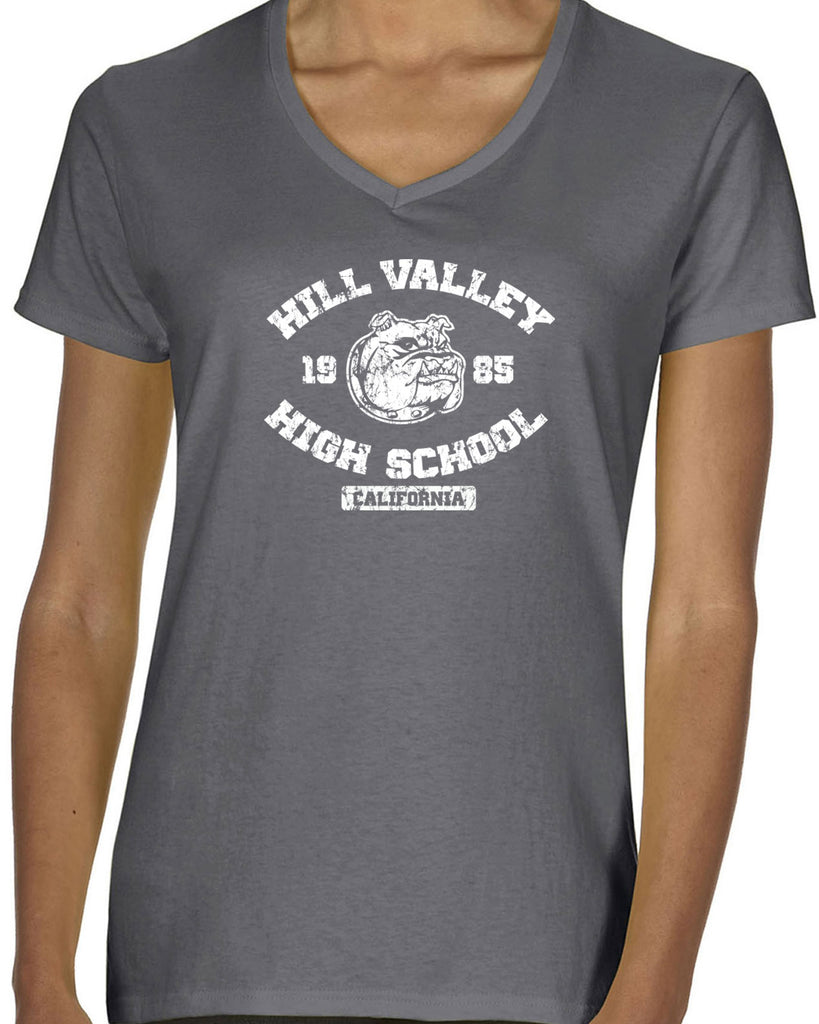 Hill Valley High School Womens V-neck T-shirt Funny 80s Movie Back To The Future Marty Mcfly Halloween Costume Vintage Retro