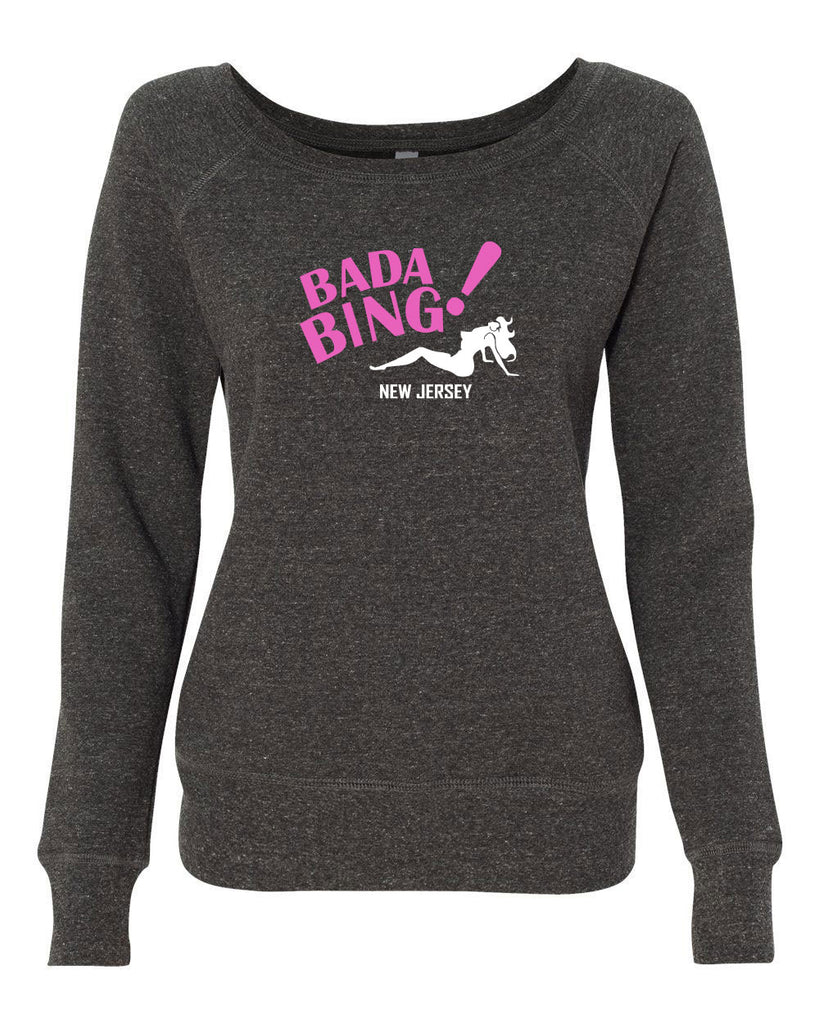 Bada Bing Womens Off The Shoulder Crew Sweatshirt 90s Tv Show Sopranos Mobster Mafia Mob Boss Strip Club New Jersey Vintage Retro Edit alt text