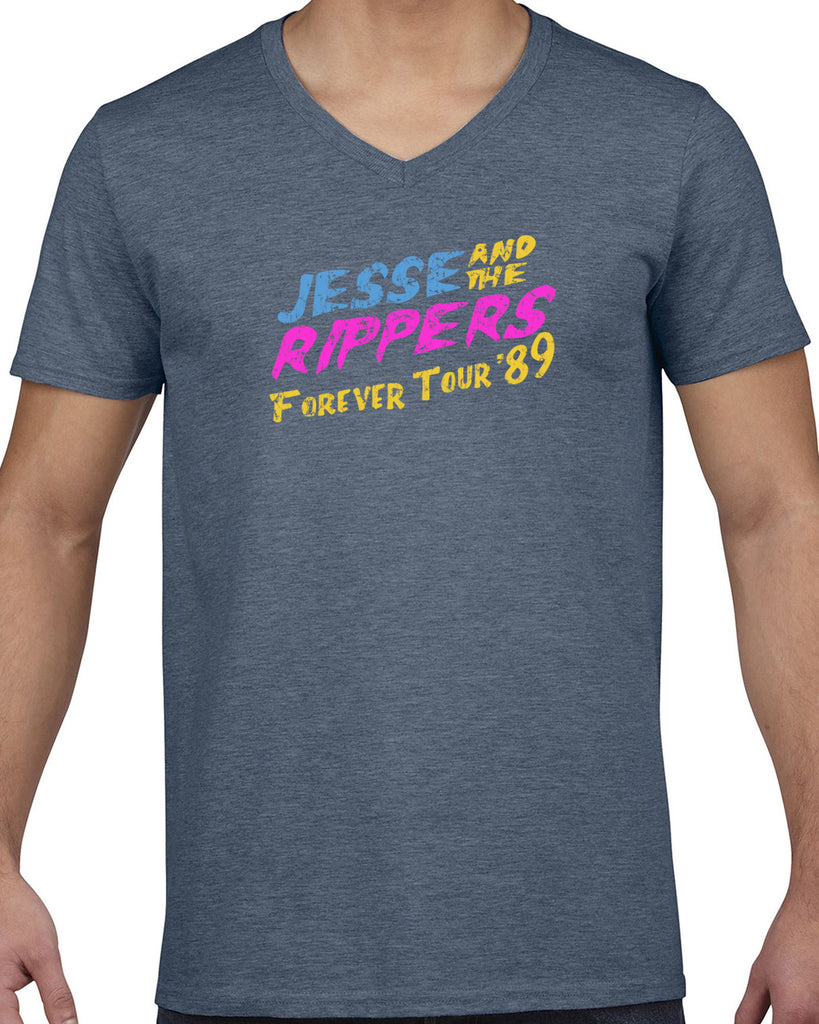 Jesse and the Rippers Forever Tour Mens V-Neck T-Shirt 80s Tv Show 90s Uncle Jesse Halloween Costume Party College Full House Vintage Retro