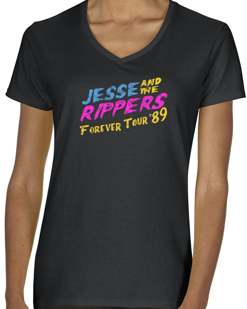 Jesse and the Rippers Forever Tour Womens V-Neck Shirt 80s Tv Show 90s Uncle Jesse Halloween Costume Party College Full House Vintage Retro