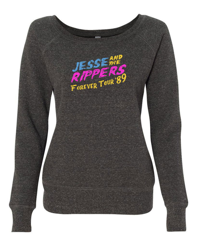 Jesse and the Rippers Forever Tour Womens Off The Shoulder Crew Sweatshirt 80s Tv Show 90s Uncle Jesse Halloween Costume Party College Full House Vintage Retro