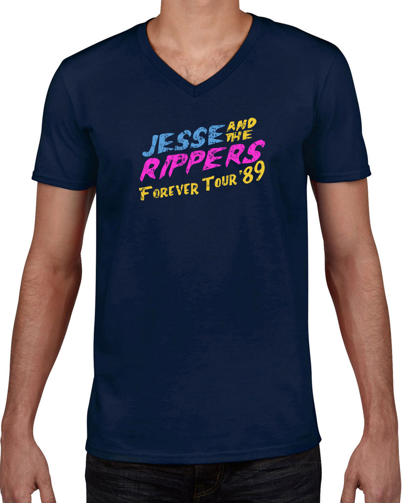 Jesse and the Rippers Forever Tour Mens V-Neck T-Shirt 80s Tv Show 90s Uncle Jesse Halloween Costume Party College Full House Vintage Retro