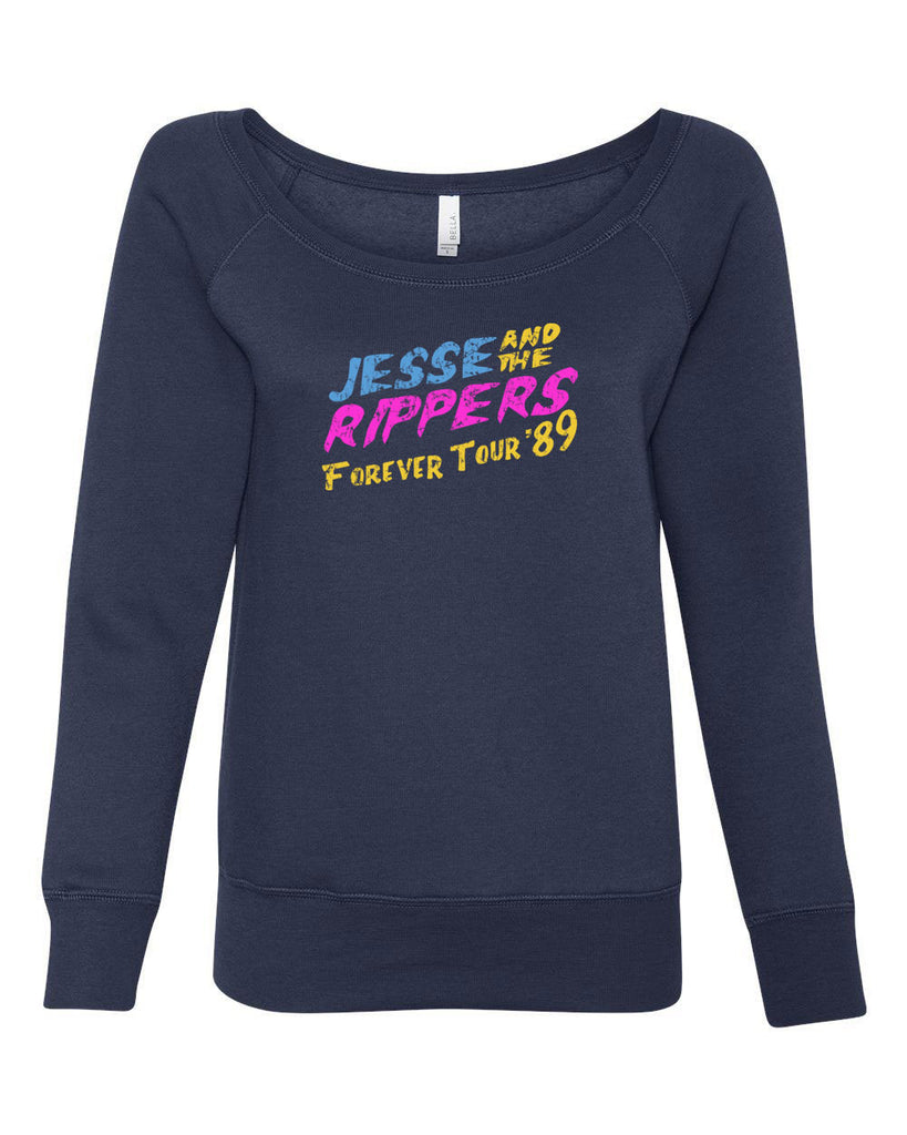 Jesse and the Rippers Forever Tour Womens Off The Shoulder Crew Sweatshirt 80s Tv Show 90s Uncle Jesse Halloween Costume Party College Full House Vintage Retro