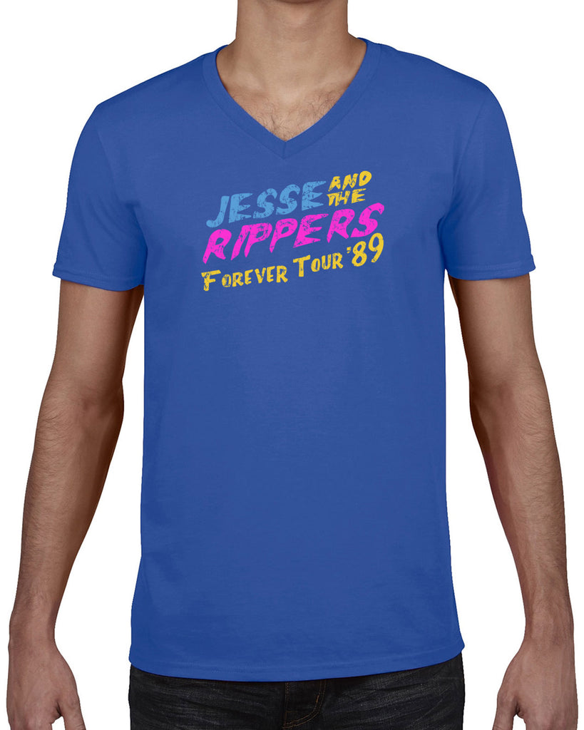 Jesse and the Rippers Forever Tour Mens V-Neck T-Shirt 80s Tv Show 90s Uncle Jesse Halloween Costume Party College Full House Vintage Retro