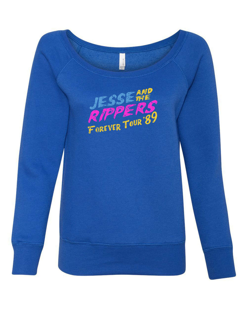 Jesse and the Rippers Forever Tour Womens Off The Shoulder Crew Sweatshirt 80s Tv Show 90s Uncle Jesse Halloween Costume Party College Full House Vintage Retro