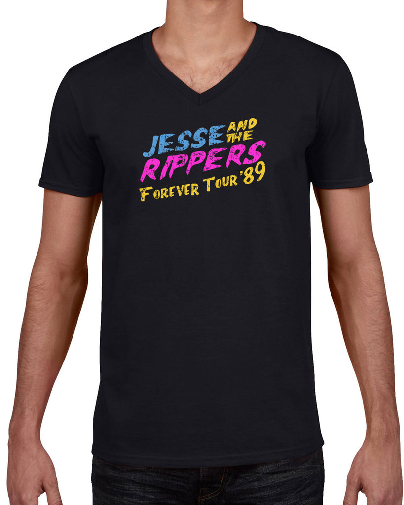 Jesse and the Rippers Forever Tour Mens V-Neck T-Shirt 80s Tv Show 90s Uncle Jesse Halloween Costume Party College Full House Vintage Retro