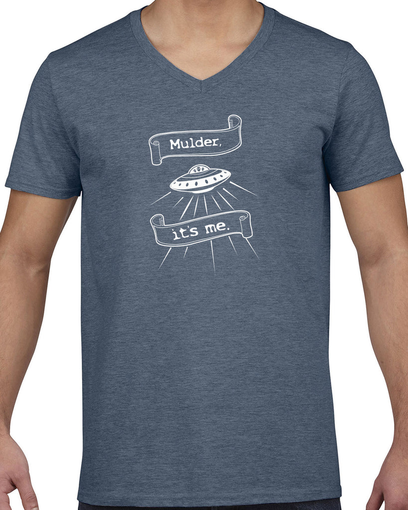 Mulder Its Me Mens V-Neck Shirt Funny Alien UFO Area 51 X-Files Mulder Scully Flying Saucer Outer Space Vintage Retro