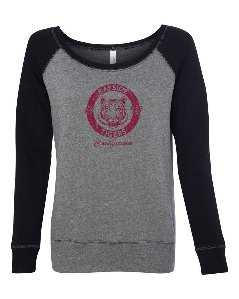 Bayside Tigers Womens Off the Shoulder Crew Sweatshirt Saved By The Bell Tigers Halloween Costume 90s Tv Show Zack Slater Vintage Retro
