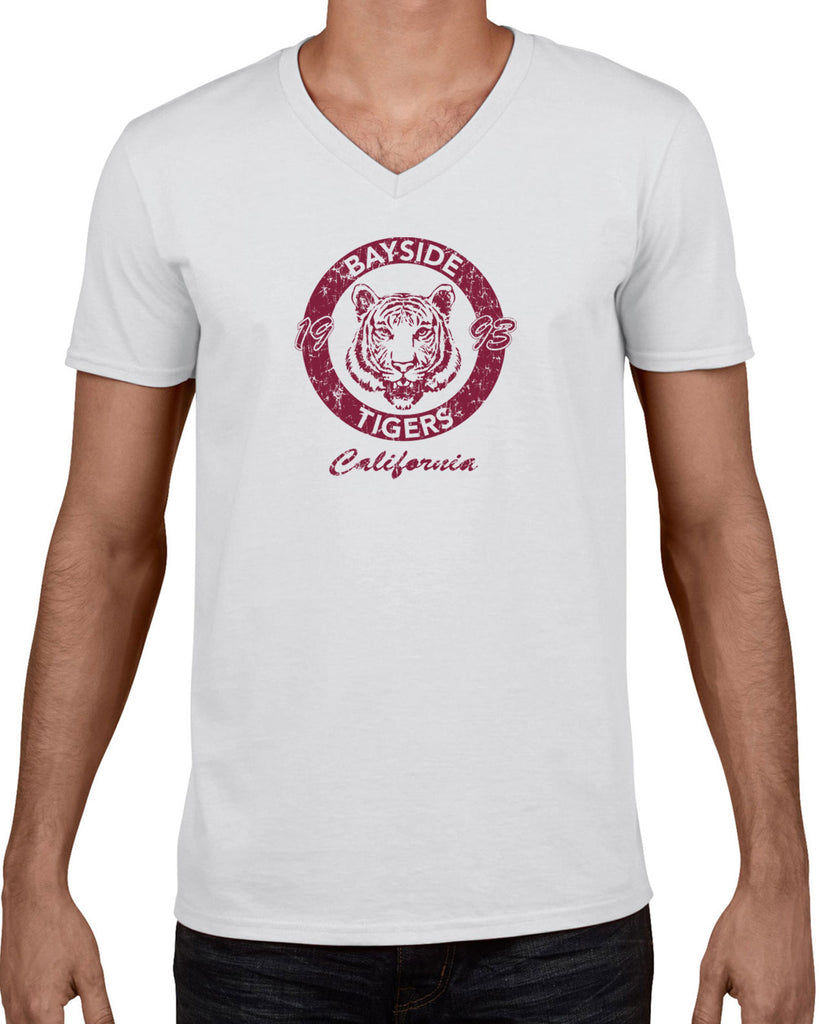 Bayside Tigers Mens V-Neck Shirt Saved By The Bell Tigers Halloween Costume 90s Tv Show Zack Slater Vintage Retro