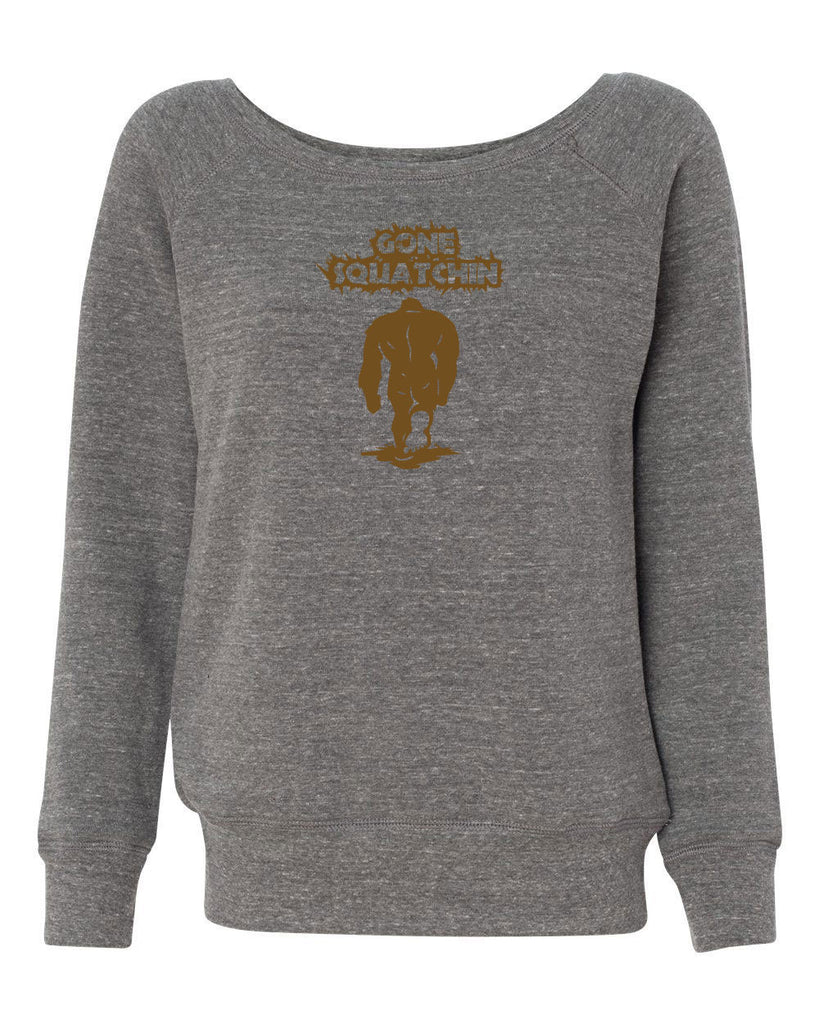 Gone Squatching Womens Off The Shoulder Crew Sweatshirt Big Foot Squatchin Yeti Hunter Outdoors Funny Vintage Retro