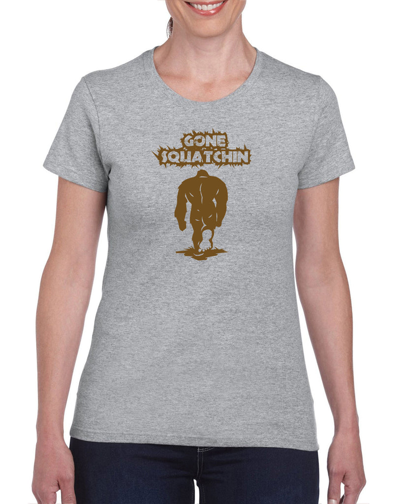 Gone Squatching Womens T-Shirt Big Foot Squatchin Yeti Hunter Outdoors Funny Vintage Retro