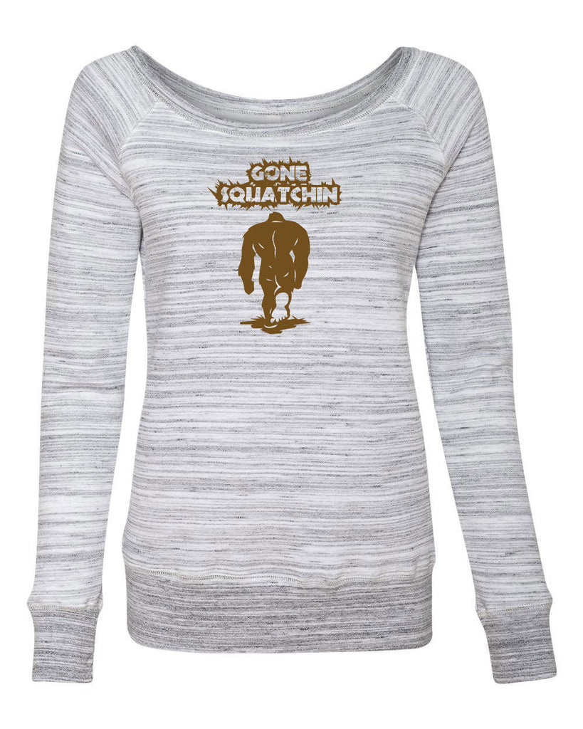 Gone Squatching Womens Off The Shoulder Crew Sweatshirt Big Foot Squatchin Yeti Hunter Outdoors Funny Vintage Retro