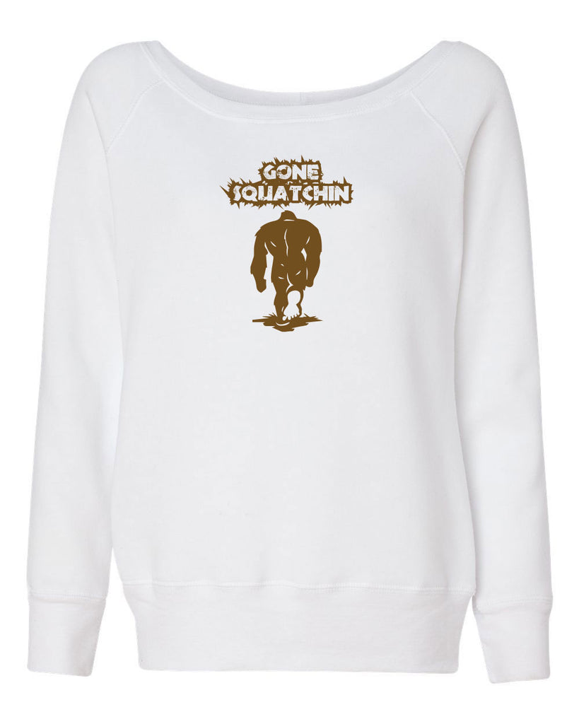 Gone Squatching Womens Off The Shoulder Crew Sweatshirt Big Foot Squatchin Yeti Hunter Outdoors Funny Vintage Retro
