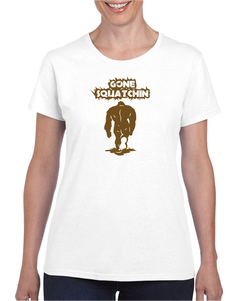 Gone Squatching Womens T-Shirt Big Foot Squatchin Yeti Hunter Outdoors Funny Vintage Retro