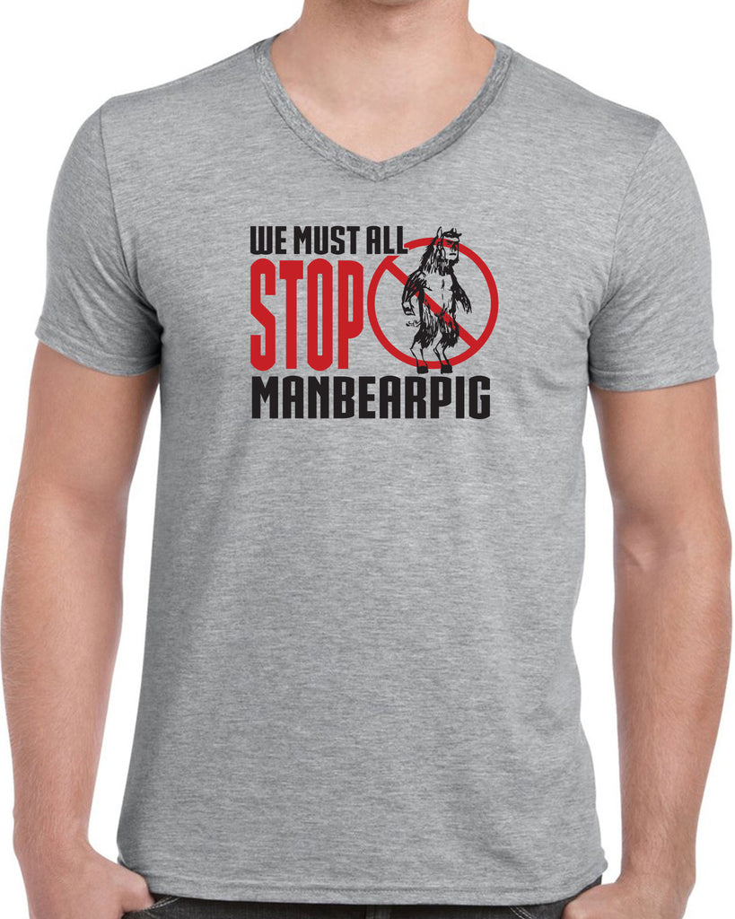 We Must All Stop ManBearPig Mens V-Neck Shirt Man Bear Pig South Park Tv Show Funny Eric Cartman Vintage Retro