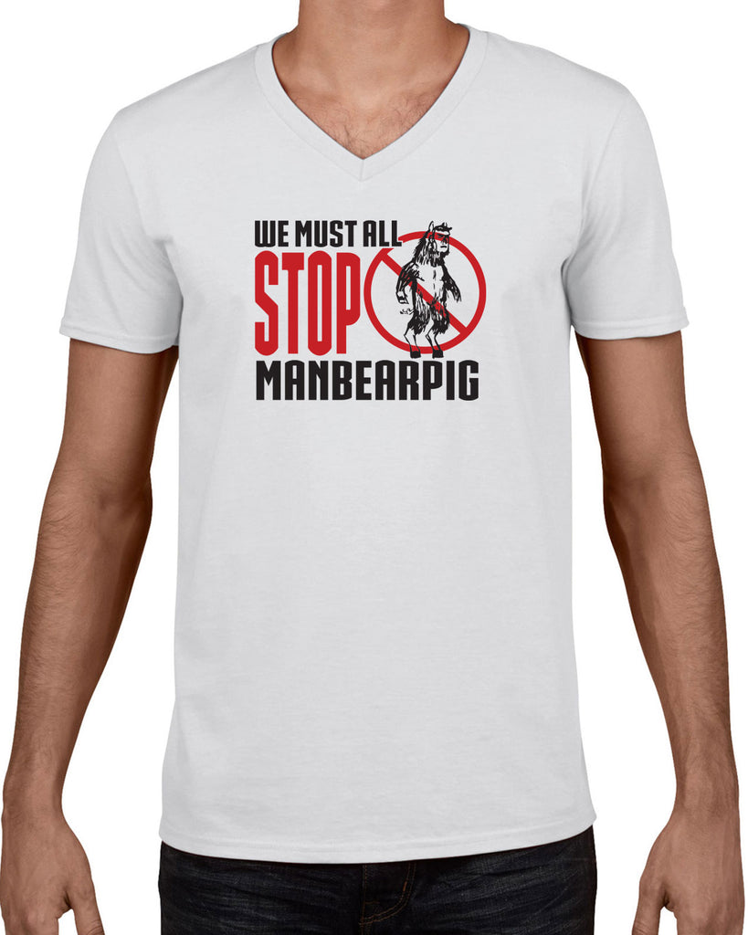 We Must All Stop ManBearPig Mens V-Neck Shirt Man Bear Pig South Park Tv Show Funny Eric Cartman Vintage Retro