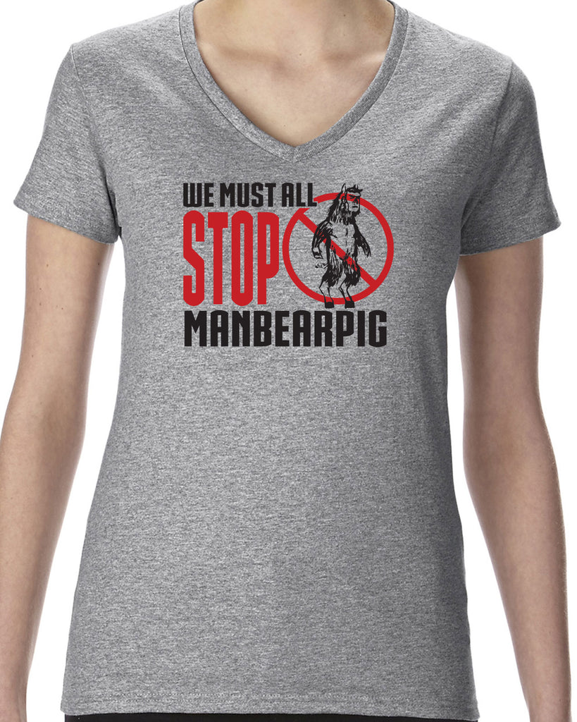 We Must All Stop ManBearPig Womens V-Neck Shirt Man Bear Pig South Park Tv Show Funny Eric Cartman Vintage Retro