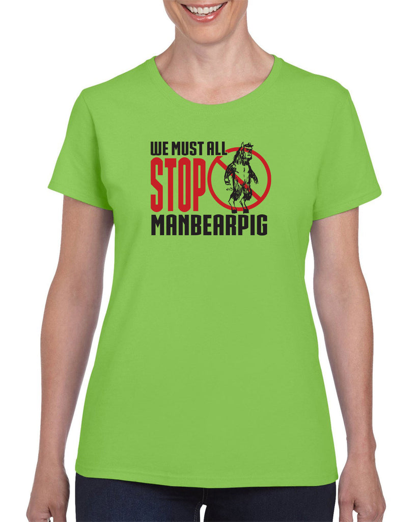 We Must All Stop ManBearPig Womens T-Shirt Man Bear Pig South Park Tv Show Funny Eric Cartman Vintage Retro