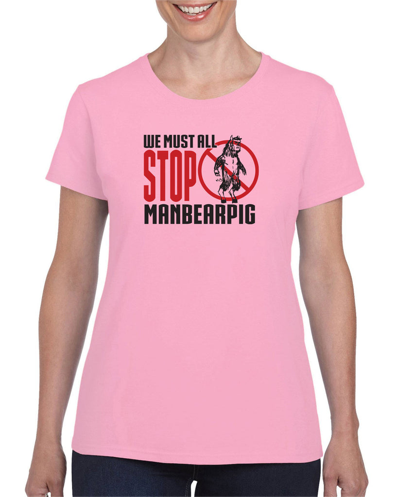 We Must All Stop ManBearPig Womens T-Shirt Man Bear Pig South Park Tv Show Funny Eric Cartman Vintage Retro
